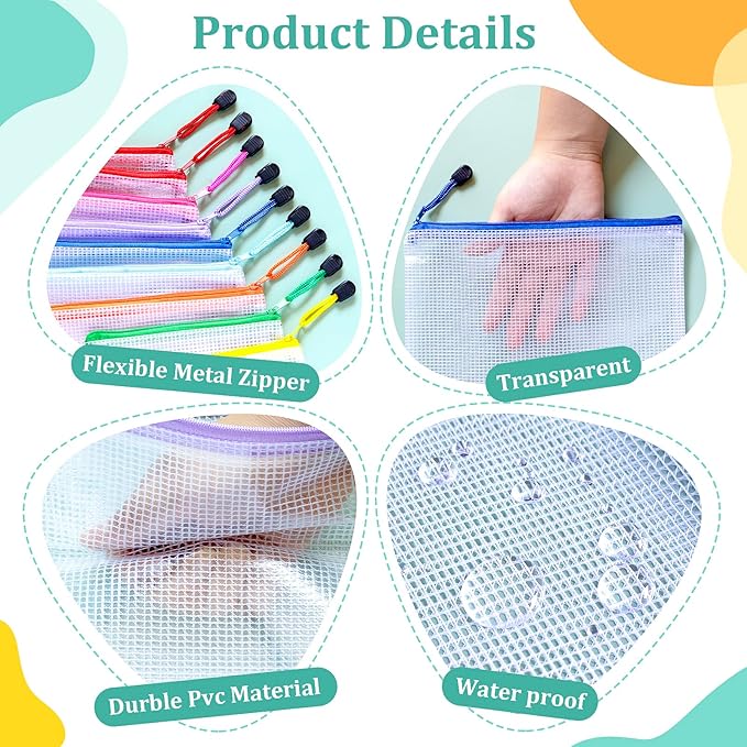 18pcs Mesh Zipper Pouch Bags, 9 Sizes Zipper Pouch, Mesh Bags With Zipper, Plastic Zipper Pouches, 9 Colors Zipper Pouches for Organizing, Board Game Storage, Travel, School Office organize