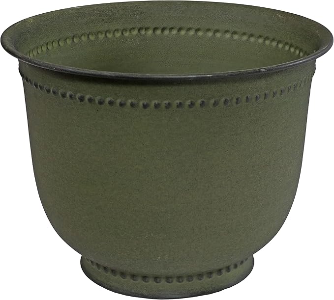Sunnydaze Michael 14.5" Metal Outdoor Plant Pot Set with Drainage Holes and Rubber Plugs - Matte Sage - Set of 2