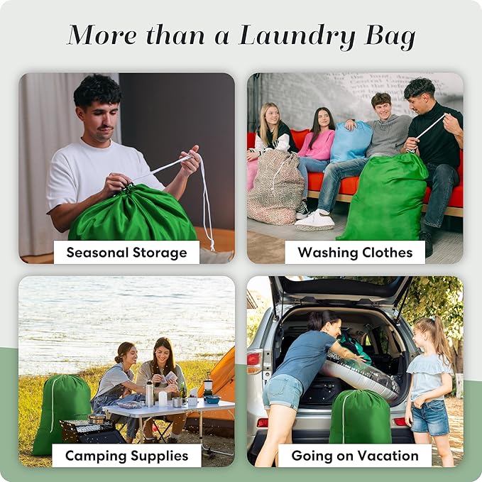 Nylon XL Laundry Bag - Locking Drawstring Closure, Machine Washable, These Large Bags Will Fit a Laundry Basket and Strong Enough to Carry up to Two Loads of Clothes (Green | 22" x 32")