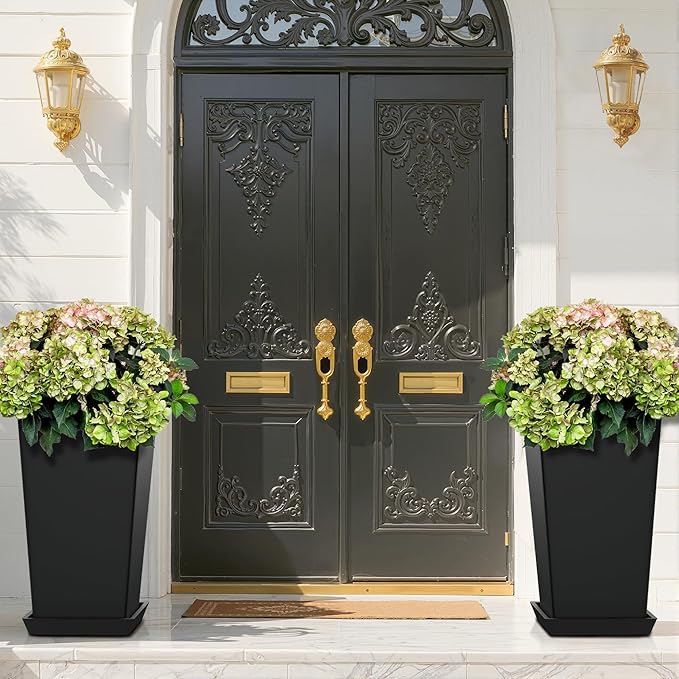 FENCY Set of 2 Tall Planters for Outdoor Plants, 24 Inch Large Tapered Pots with Drainage Trays, Weather-Resistant Plastic Plant Containers for Patio, Porch, Garden, Front Door Decor,Black