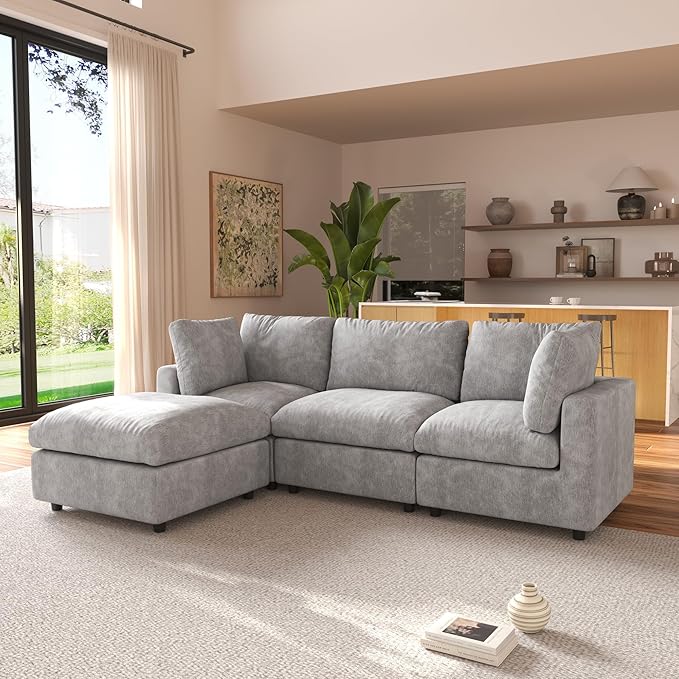JACH L Shape Sectional Couches for Living Room, Deep Seat Convertible Modular Sofa, Cloud Sectional Couch, Sofa Covers Washable, Minimalist Modern Couch for Living Room, Apartment, Light Grey