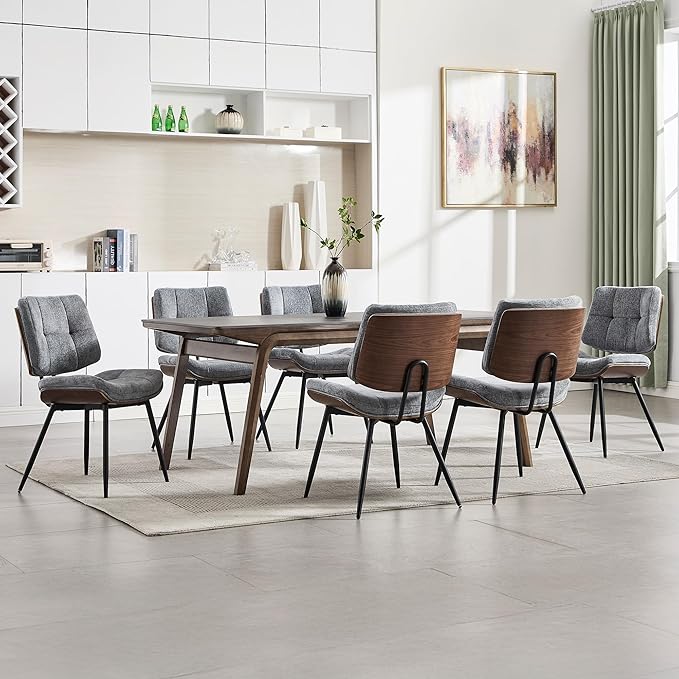 BFZ Dining Chairs Set of 2, Mid Century Modern Kitchen Chairs with Walnut Bentwood Back and Metal Legs, Upholstered Fabric Dining Room Chairs for Kitchen, Living Room