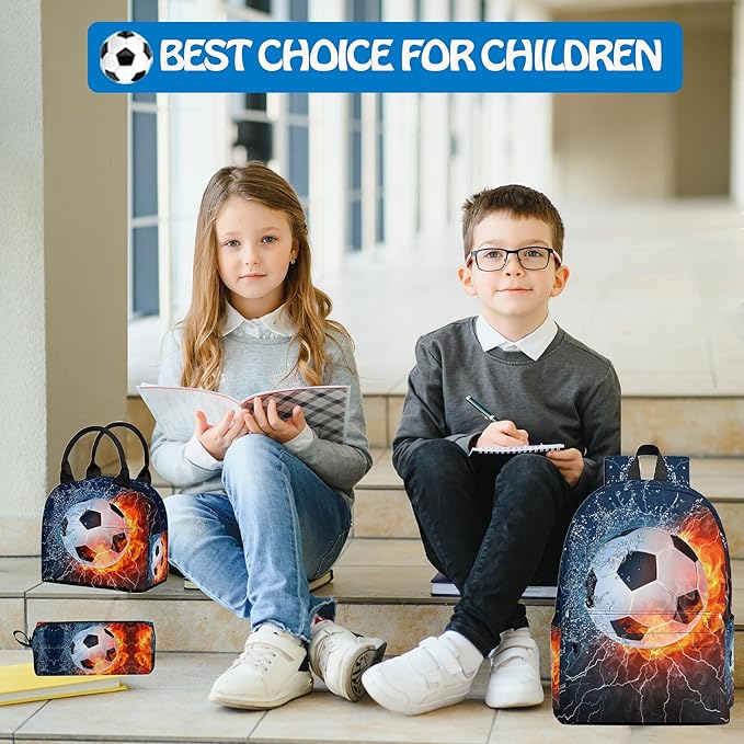 3PCS Backpack for Boys Girls, Kids Soccer Back to School Backpack Sets with Lunch Bag Pencil Case, 17 Inch Lightweight Bookpack 3 in 1 Set for Teens Elementary Middle High School Students