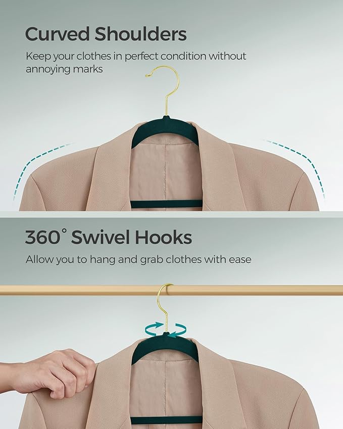 SONGMICS Velvet Hangers 50 Pack, Non-Slip Clothes Hangers, Suit Hangers with Shoulder Notches, Pants Bar, 360° Swivel Hook, Space-Saving, for Closet, Forest Green UCRF029C05