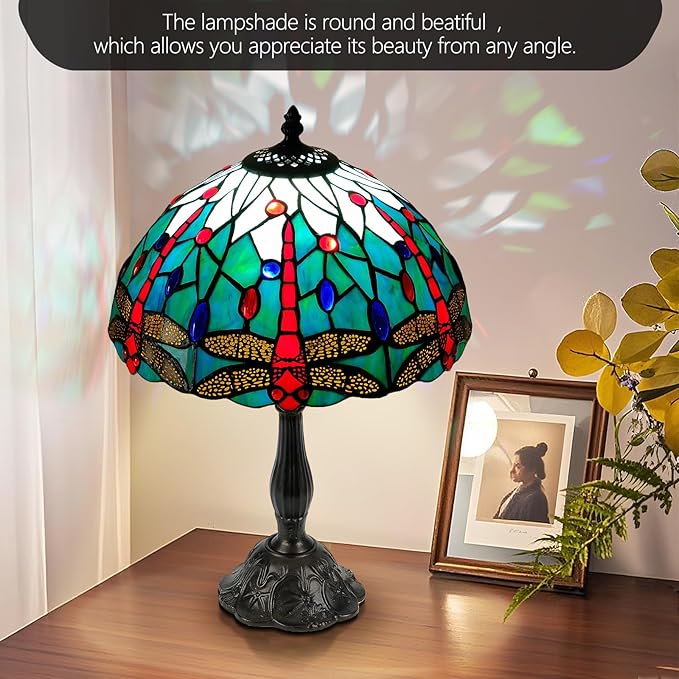 Majestic 12 Inch Dragonfly Tiffany Style Table Lamp,Handcrafted Stained Glass Lamps for Living Room, Dining Room Decor,Large Artisan Tiffany Lamps with LED Bulb.