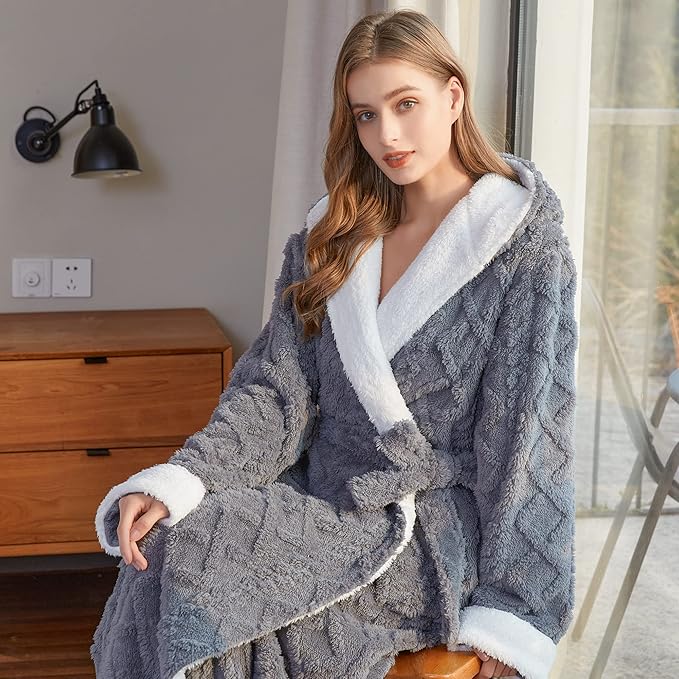 LKG women's robes long plush hooded ladies shower luxury christmas warm fuzzy robes house coat bathrobe for women full length
