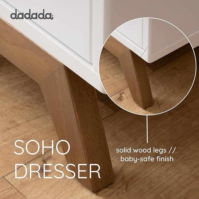 dadada Soho 5-Drawer Dresser for Nursery and Bedroom - Modern Design, Large Storage, Baby-Safe Finish, Soft Close Drawers, Anti-Tip Safety, Sturdy Legs & Solid Wood Handles, 47” Wide (White+Walnut)