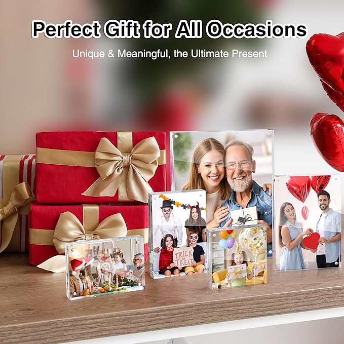 HOUSE DAY Acrylic Picture Frames 5x7, 2 Pack Magnetic 5x7 Picture Frame, Double Sided Clear 5 x 7 Photo Frame with Microfiber Cloth, Frameless FreeStanding 5x7 Frame Gift for Desktop Display