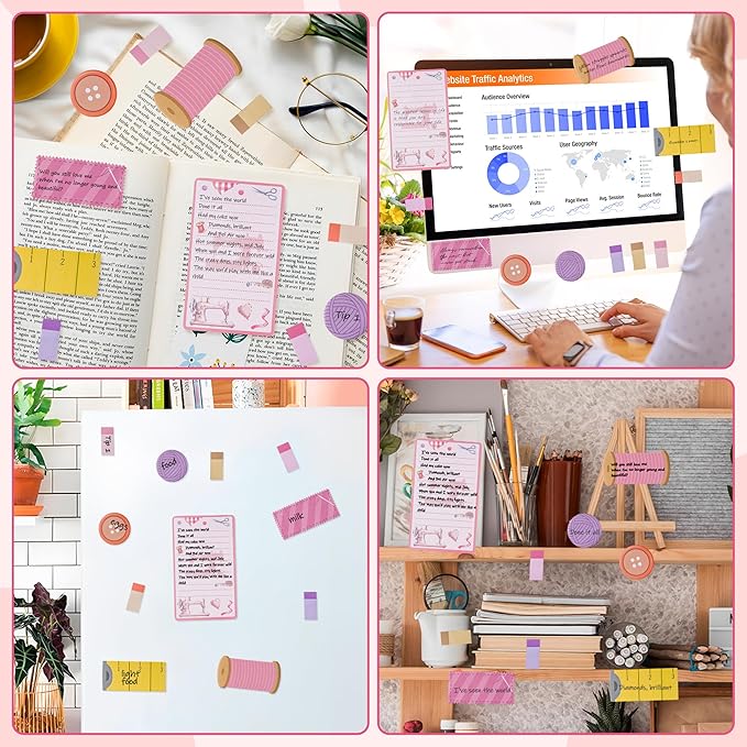 Xqumoi Retro Sewing Sticky Notes Set - Any Day Spent Sewing is A Good Day Self-Stick Note Pads Teacher Appreciation Notepads Writing Memo Pad Page Marker Back to School Office Supplies (Pink)