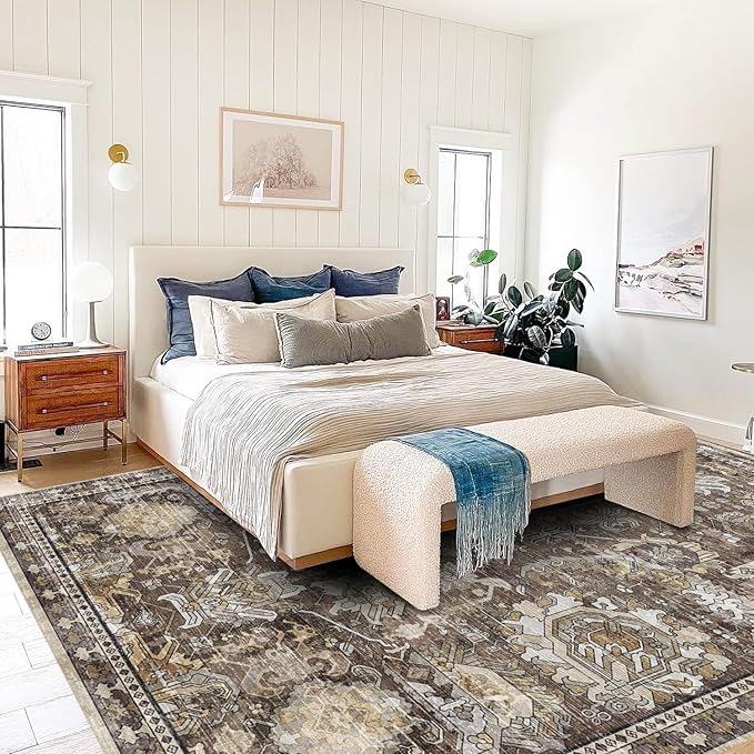 RUGSURE Washable Area Rugs - Perfect for Living Room, Bedroom, Kids Room, Nursery - Stain & Water Resistant Non-Slip, Pet & Child Friendly, Vintage Tribal Area Rugs (Ivory, 6' x 9')
