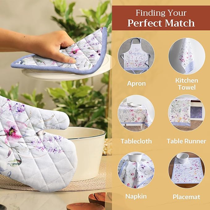 Maison d' Hermine Oven Gloves 100% Cotton Oven Mitt 7" x 13" with Loop Heat Resistant, BBQ, Cooking Gloves, Baking, Grilling, Kitchen, Handling Hot Pans Spring/Summer (Pack of 1, Summer Floral)