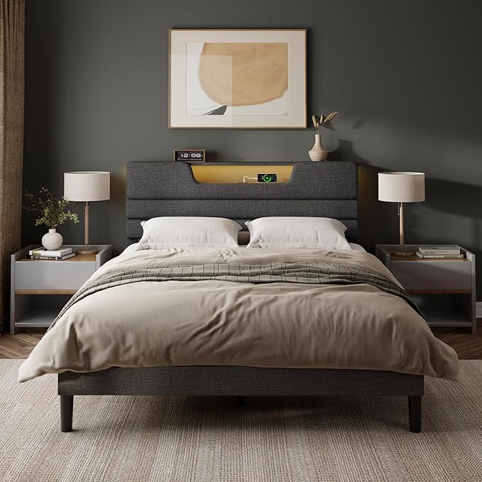 Queen Size Bed Frames with Upholstered Headboard, Modern Platform Bed with Charging Station and Led Lights, Bed Frame with Sturdy Wooden Slats/No Box Spring Needed/2-Tier Storage, Grey