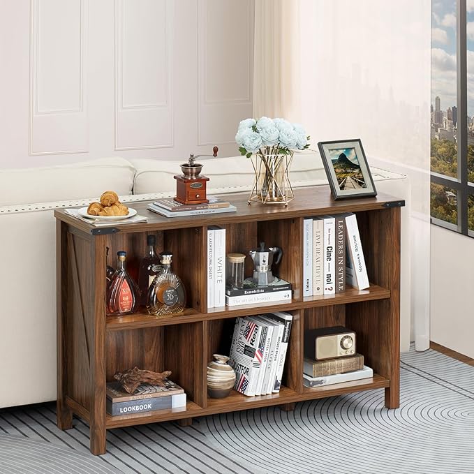 Farmhouse 6 Cube Book Shelf, Wood 3 Tier Storage Organizer Bookshelf, Brown Walnut 47" Horizontal Cubby Bookcase with Legs, Rustic Entryway Book Case, Long Display Cabinet for Bedroom, Office