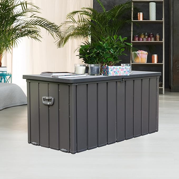 Domi 120 Gallon Deck Box, Patio Storage Box with Resin Lid, Steel Tool Waterproof Outdoor Storage Container for Outside Cushions, Lockable Outdoor Storage Bin for Garden and Pools Tools (Gray)