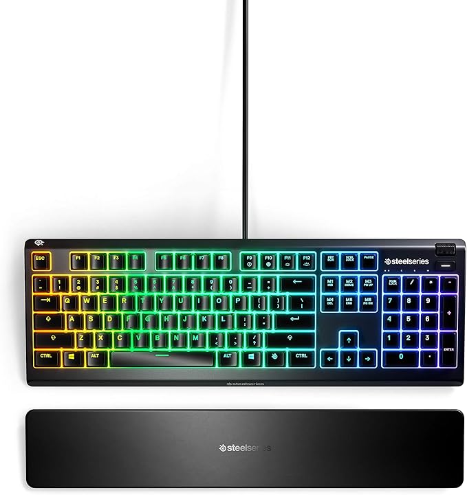 SteelSeries Apex 3 RGB Gaming Keyboard – 10-Zone RGB Illumination – IP32 Water Resistant – Premium Magnetic Wrist Rest (Whisper Quiet Gaming Switch) (Renewed)