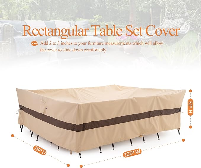 WJ-X3 Rectangular Beige & Coffee Patio Table Cover, 102W x 78D x 31H Inches - Heavy Duty, Waterproof, Wind-Resistant, Anti-Fade - Ideal for Outdoor Dining Set Protection