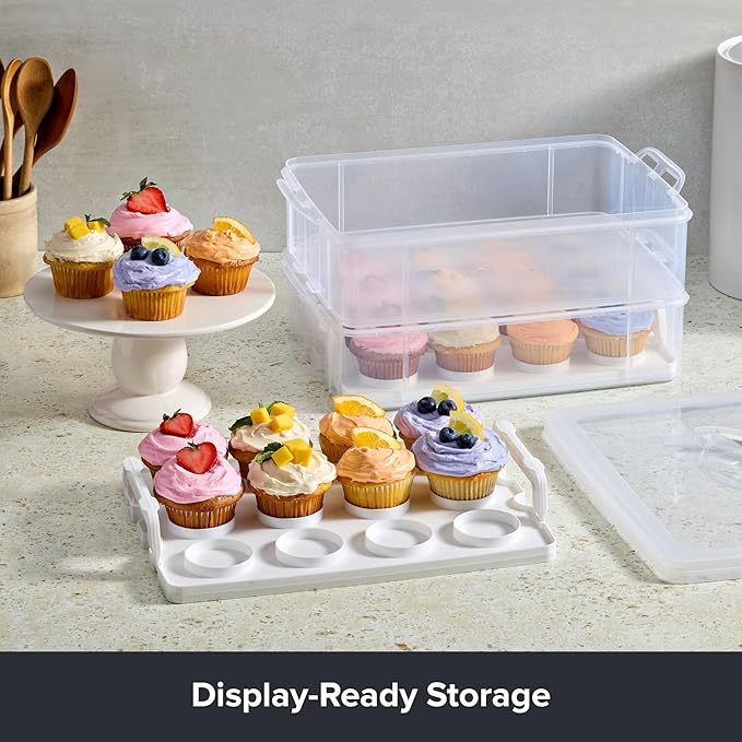 Snapware (2-Layer, 24 Cupcakes Plastic Detachable Cupcake Carrier Storage Container With Lid and Handle, Freezer Dishwasher Microwave Safe