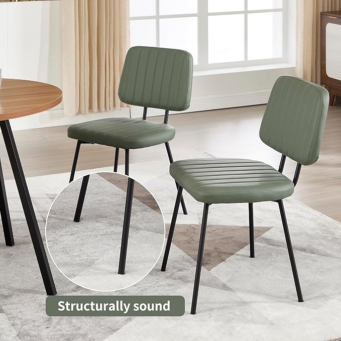 Dining Chairs Set of 2, Faux Leather Upholstered Dining Chairs, Mid Century Modern Kitchen Dining Room Accent Chairs with Curved Backrest and Steel Frame for Kitchen, Living Room - Green