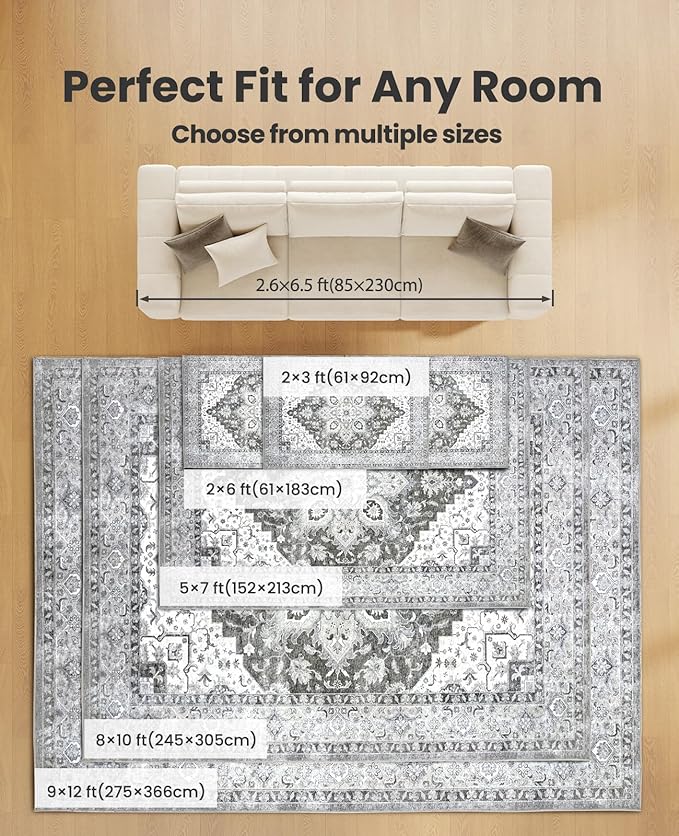 AMADA HOMEFURNISHING 5x7 Area Rugs, Washable Living Room Rug Low-Profile with Non-Slip Backing & Durable Edge Binding, Vintage 5x7 Rugs for Living Room, Bedroom, Dinning Room