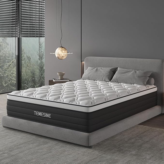 Queen Mattress, 10 Inch Hybrid Mattress in a Box with Individual Pocket Spring, Gel Memory Foam and Euro Top, Medium Firm Feel with Motion Isolation, Pressure Relief, Edge Support,Queen Size Black