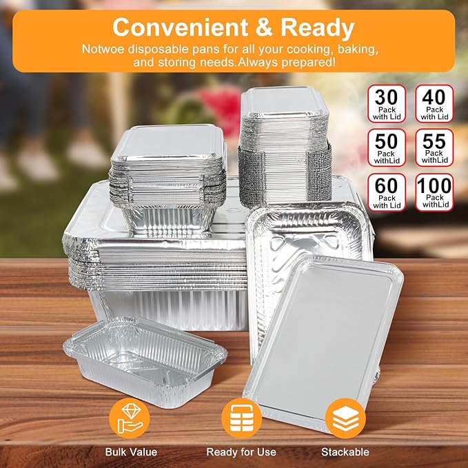 Notwoe® 40pc Disposable Aluminum Pans With Lids, 9x13 (20pc) And 8.2x5.7 Rectangle (20pc) Combo Set, Disposable Baking and Cake Pan. (40)
