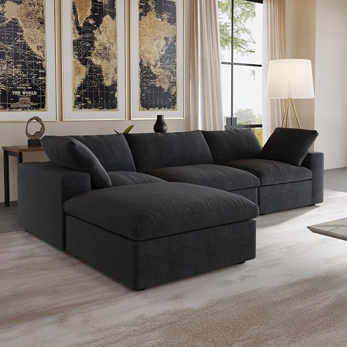 JACH L-Shaped Cloud Sectional Couches for Living Room, Modular Convertible Sofa, Ottoman with Storage, Thick Cushions, Couch Covers Removable, Cloud Sectional Sofas for Apartment (Black)