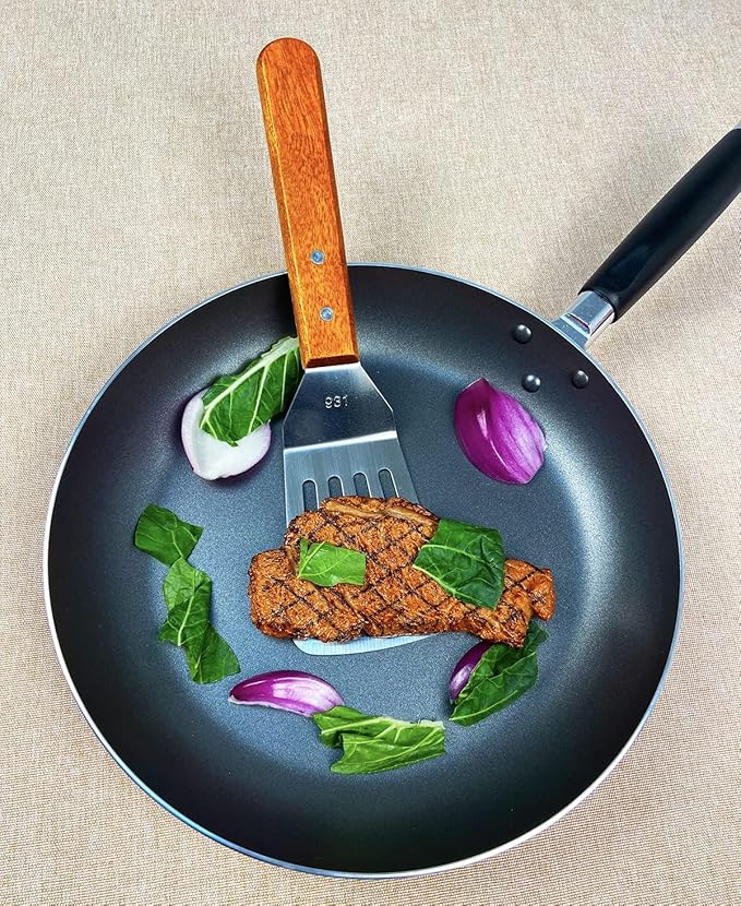 KLAQQED 2Pcs Metal Spatulas Set, Metal Spatula for Cast Iron Skillet, Cooking Utensils Fish Egg Grill Spatula Stainless Steel Slotted Spatula, Wok Flat Top Small Metal Spatula Turner with Wood Handle