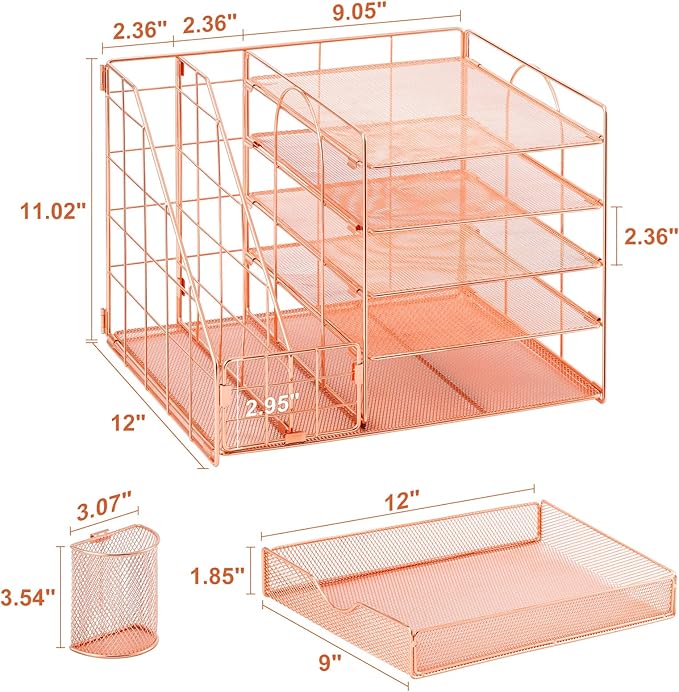 Marbrasse Rose Gold Desk Organizer with File Holder, 5-Tier Paper Letter Tray Organizer and Drawer, Mesh Desktop Storage with Magazine Holder for Office Supplies