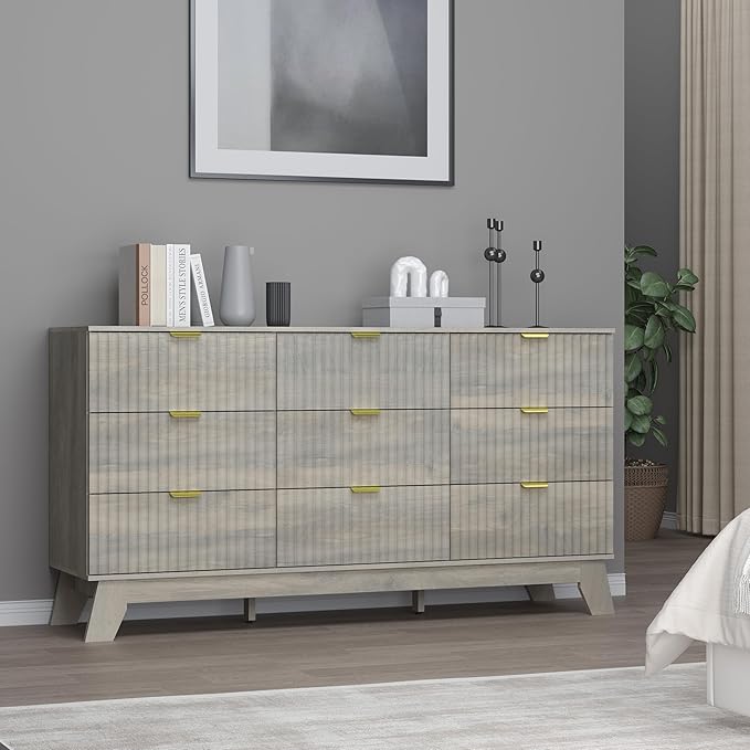Fluted 9 Drawer Dresser, 57.1" Wide Modern Boho Chest of Drawers, Wooden Storage Dresser TV Stand for Bedroom, Living Room, Closet, Hallway, Curved Profile Design