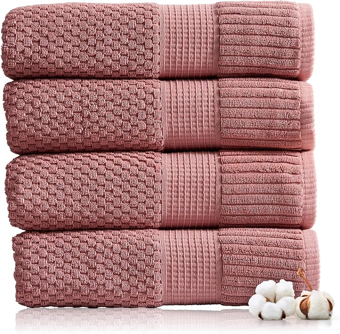NY Loft 100% Cotton Bath Towel 4 Pack | Super Soft & Absorbent Quick-Dry Bath Towels 30" x 52" | Textured and Durable Cotton | Premium Thick Towels | Trinity Collection (4 Pack Bath Towel, Rose)
