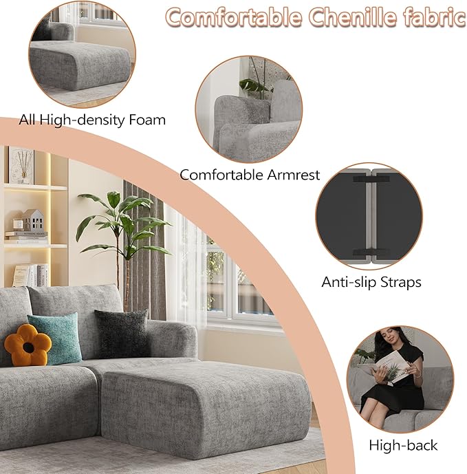 EASE MOOSE Cloud Couch Sectional Sofa, Large U-Shaped Oversized Modular Couch for Living Room, Minimalist Boneless Couches with Ottoman, 5-Seat Deep Sofas for Bedroom, Chenille (Light Grey)