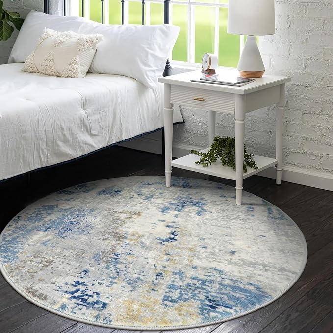Lahome Modern Abstract Round Rug 4Ft, Blue Washable Front Door Mat Soft 4x4 Circle Rug for Entryway Bedroom Non Slip, Contemporary Indoor Floor Carpet for Living Room Sofa Bedroom Nursery Decor