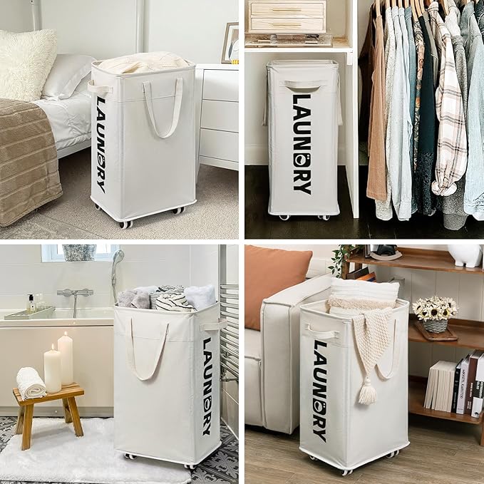 Goodpick Laundry Baskets with Wheels and Handle, 2-Pack 75L Collapsible Laundry Baskets, Clothes Laundry Basket with Removable Wash Bags for Corner Dorm, White Rolling Laundry Hamper