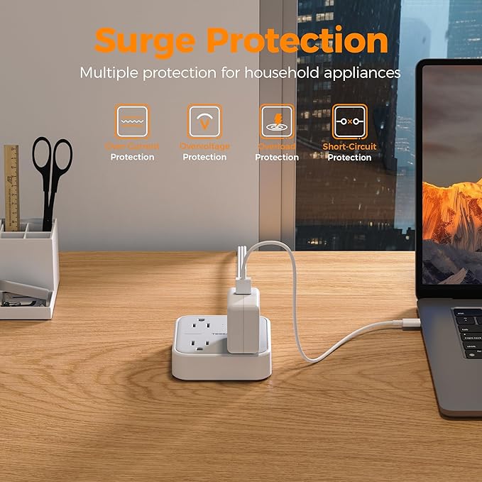TESSAN Ultra Thin Flat Extension Cord 5 FT, Slim Power Strip with USB Ports (1 USB C), Surge Protector Flat Plug Wall Charger with 3 Outlets for Office, School, Dorm Room Essentials