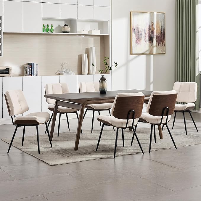 BFZ Dining Chairs Set of 6, Mid Century Modern Kitchen Chairs with Walnut Bentwood Back and Metal Legs, Upholstered Fabric Dining Room Chairs for Kitchen, Living Room