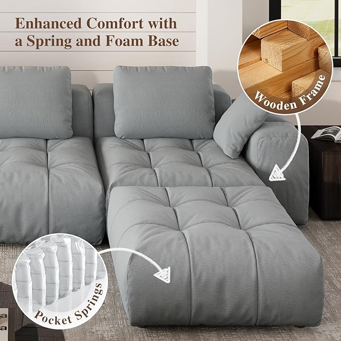 Cloud Sectional Couches, Comfort Linen Loveseat Modular Sofas with Wide Deep Seat, Down Filled Modern Upholstered Sofa Couch for Living Room, Apartment,Grey