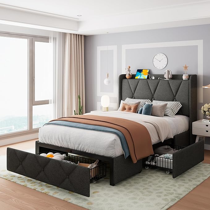 Feonase Twin Bed Frame with 3 Storage Drawers, Upholstered Platform Bed with Charging Station, Wingback Storage Headboard, Heavy Duty Wooden Slats, No Box Spring Needed, Easy Assembly, Dark Grey