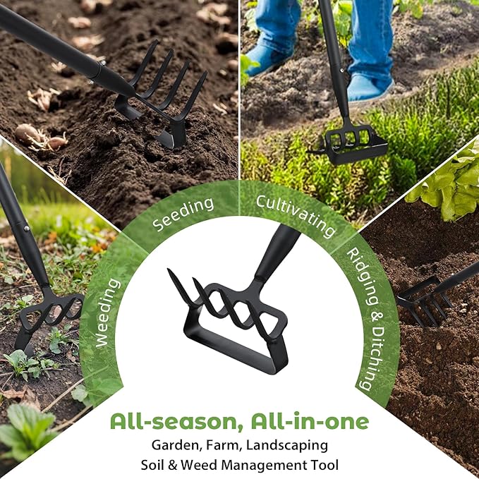 Garden Hoe,2 in 1 Heavy Duty Stirrup Hoe and Cultivator Gardening Tool Set with 62 inch Long Handle,Lightweight Hoes Weeding Rake for Fast Weeds Grass Removal,Cultivating, Loosen Soil, Sharp Edge