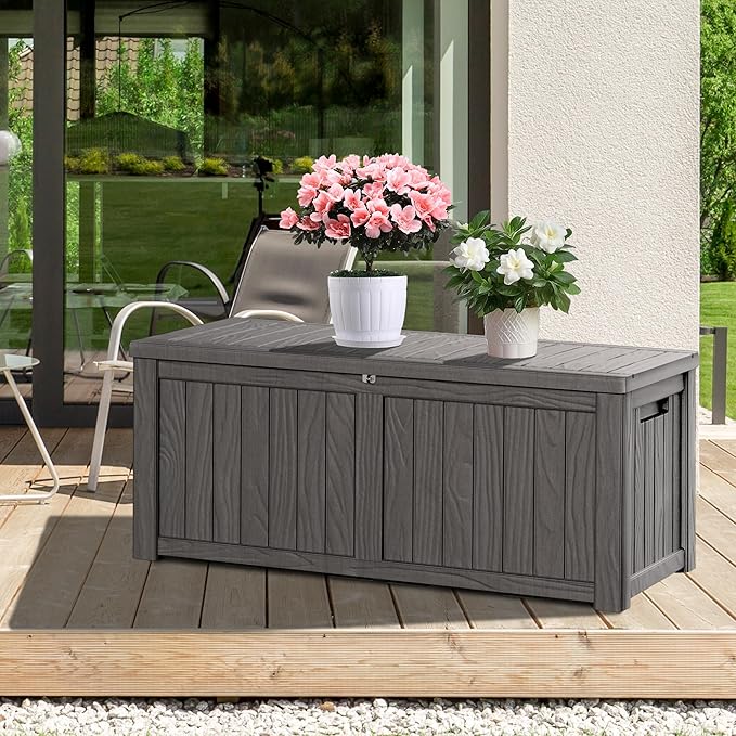 150 Gallon Resin Deck Box, Waterproof Outdoor Storage Bin for Patio Furniture, Pool Accessories, and Garden Tools, Lockable & UV-Resistant, Grey
