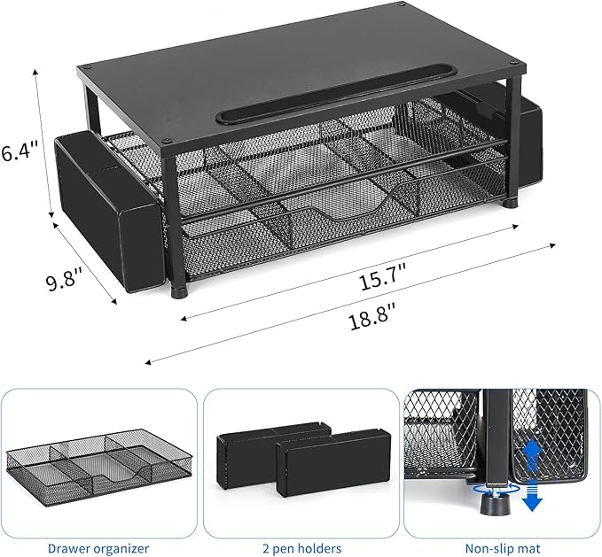 AUPSEN Wood Computer Monitor Stand Riser, 2-Tier Black Desk Organizer with Drawer, Pen Storage & Phone Holder ,Office Desk Accessories Desktop Organizer for Office Supplies