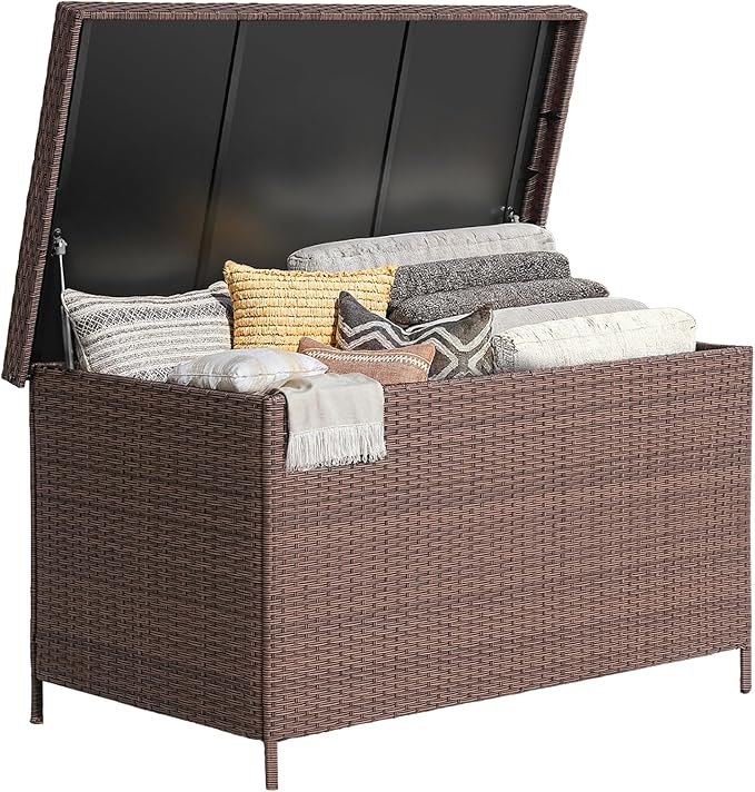 158 Gallon XL Deck Box with Lid, All Weather Wicker Outdoor Storage Box Waterproof, Large Outdoor Patio Storage Bin for Cushions, Garden Tools, Gears, Brown