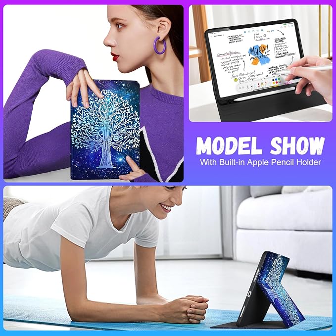 Uppuppy for iPad Pro 12.9 Case Kids Folio PU Leather Cover with Apple Pencil Holder Auto Sleep/Wake Adjustable Angles for iPad Pro 12.9 6th/5th/4th/3rd Gen Sun Moon Black