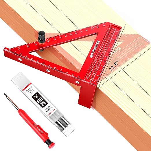 8 inch 3D Multi-Angle Measuring Square Ruler, WT103C High Precision Hole Scribing Woodworking Tools, 0-90° Aluminum Alloy Carpenter Square with Stair Gauges, Carpenter Pencils 6 Refills.