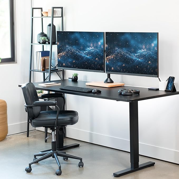 VIVO Freestanding Dual Monitor Stand with Solid Wood Base and Adjustable Arms, Mounts 2 Screens up to 32 inch and 22 lbs Each, Black, STAND-V002FD-B