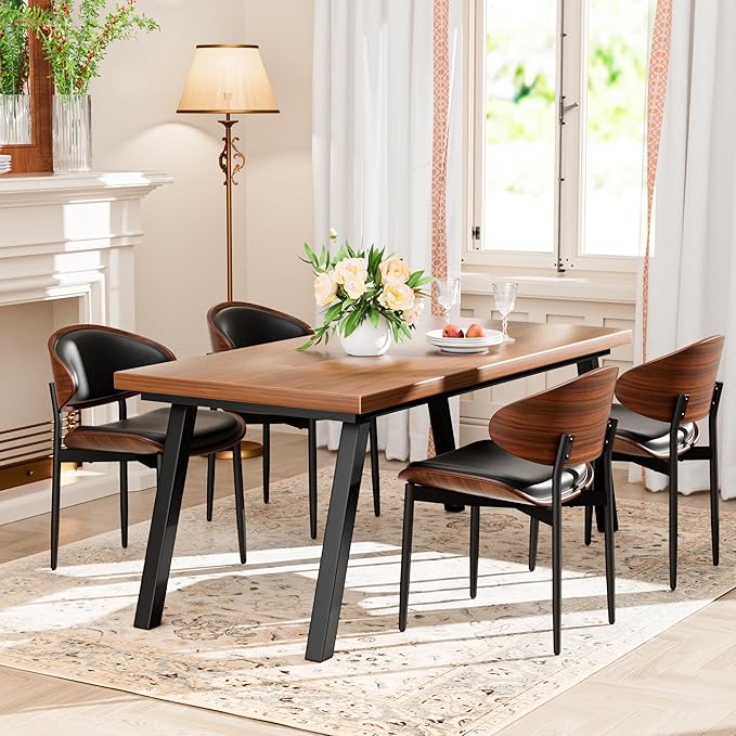 Dining Chairs Set of 6, Dining Room and Kitchen Chairs, Mid Century Modern Retro Chair, Upholstered PU Leather Chairs for Vanity with Walnut Bentwood and Metal Legs (Black)
