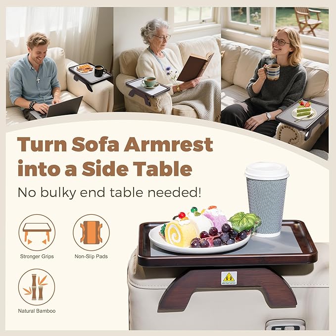 Couch Armrest Table, Foldable Bamboo Sofa Arm Tray for Couch with a Non-Slip Pad, Clip On Couch Arm Table for Remotes/Eatting/Drinks, Fits Sofa Armrest 3.5"-13.5" Brown