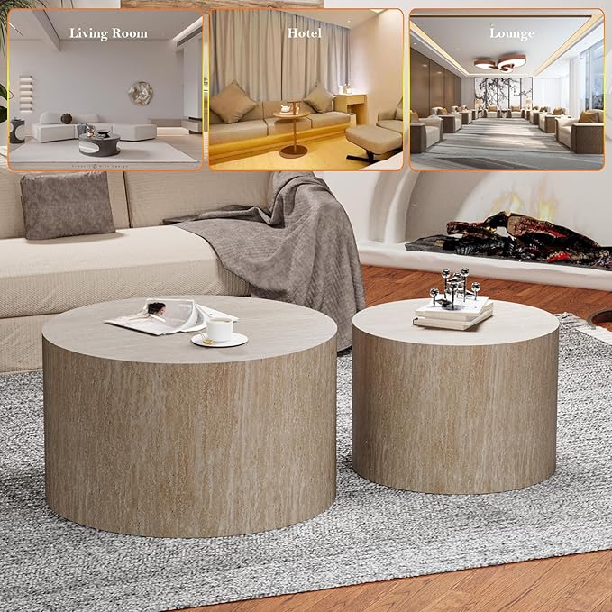 Round Travertine Coffee Table Set of 2 Modern Stripe Circle Nesting Side Tables No Assembly for Living Room Balcony Yard (E-26.77+19.7in)