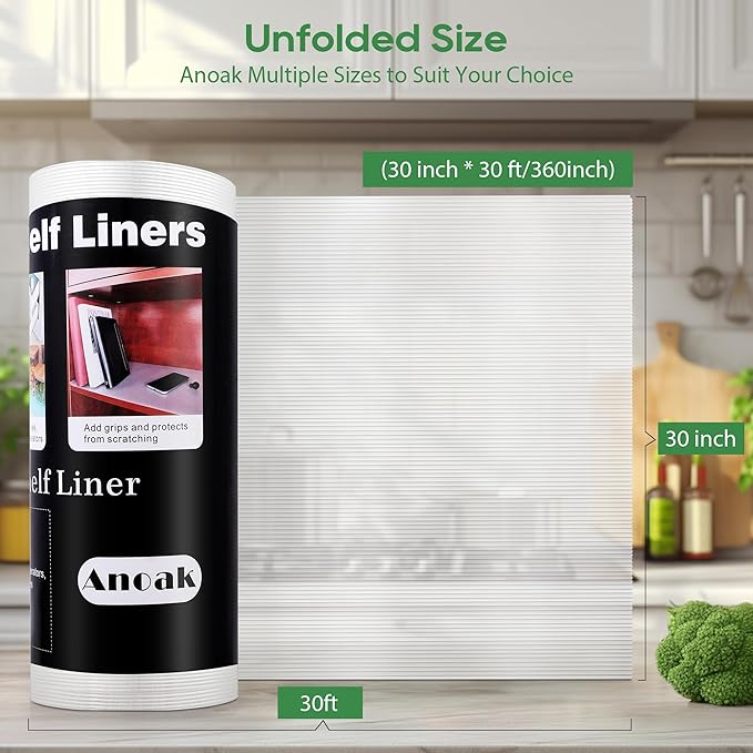 Anoak Shelf Liner - Non-Slip Cabinet Liner, 30 Inch x 30 FT(360 Inch) Durable Waterproof Washable Oil-Proof for Kitchen Cabinet, Shelves, Refrigerator, Storage, Desks, Non Adhesive