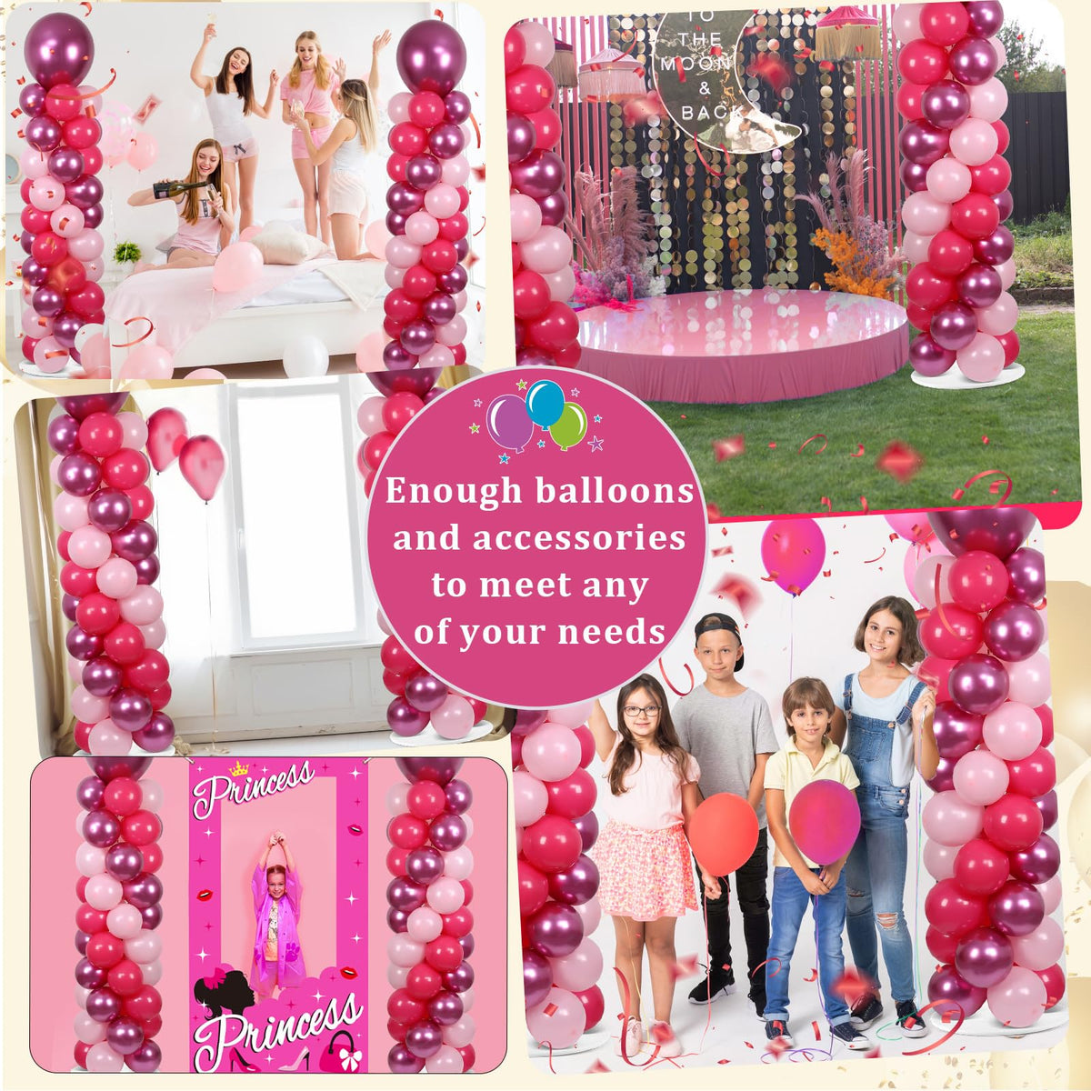 2 Sets Pink Balloon Column Stand Kit with 100 Balloons - Christmas & New Year Birthday Wedding Party Decor