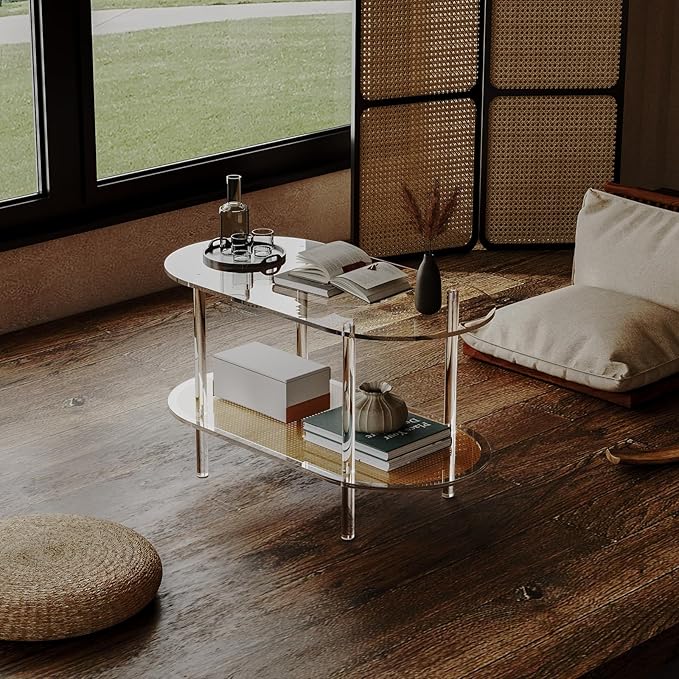 HMYHUM Acrylic Coffee Table for Living Room, 2-Tier Clear Rattan Center Table, Oval, Modern Low Tea Table for Bedroom Office Reception Room, 31.5" L × 15.75" W × 17.76" H, Easy Assembly